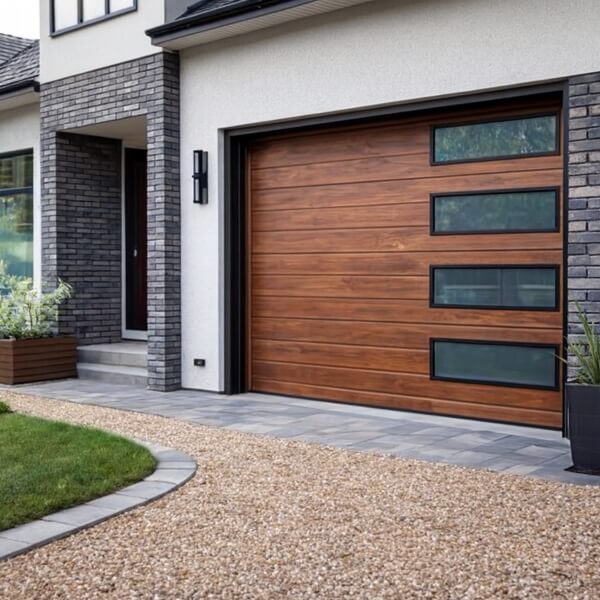  Finished result of a garage door replacement in Sydney featuring a timber look sectional door installed by Garage Door Guys Sydney.