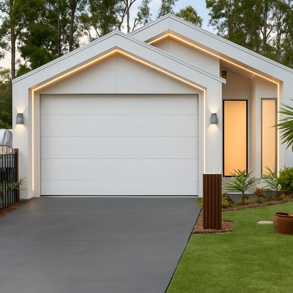 Modern home featuring a newly completed garage door installation with a clean white sectional door by Garage Door Guys Sydney.