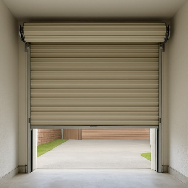 Roller garage door repair in progress showing a partially open roller door from the inside as part of a professional service by Garage Door Repair Guys.